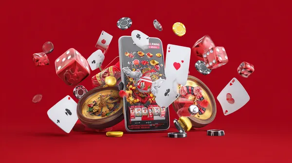 Uma mulher sorrindo enquanto joga online em seu laptop, cercada por elementos de cassino em néon, destacando a coleção diversificada de jogos do FADARICA777.