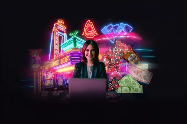 Uma mulher em um vestido verde luxuoso ao lado de uma roleta ornamentada, capturando o clima sofisticado do FADARICA777.